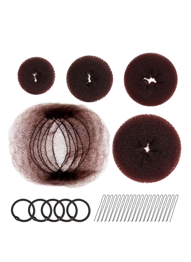 FANDAMEI Hair Accessory Set: 20 Invisible Nets, 4 Donut Makers, 5 Elastics, 20 Bobby Pins (Brown)