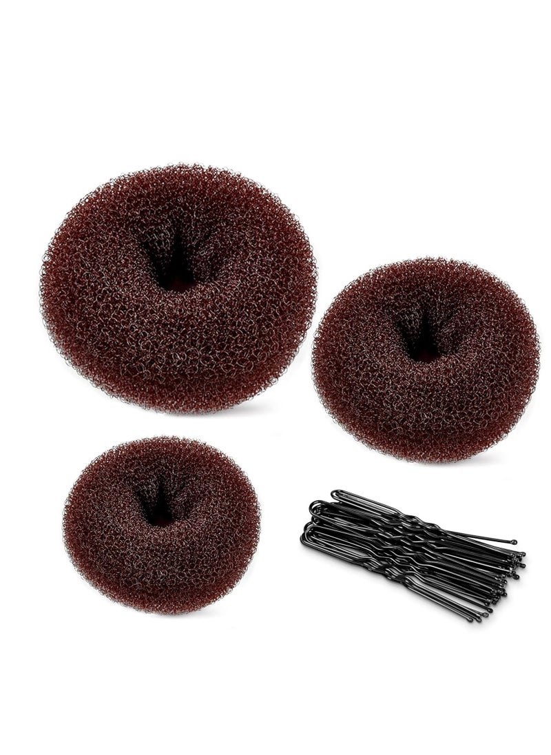 TsMADDTs Donut Hair Ring Style Set with Large Bobby Pins, Dark Brown - 3 Bun Makers & 20 Pins