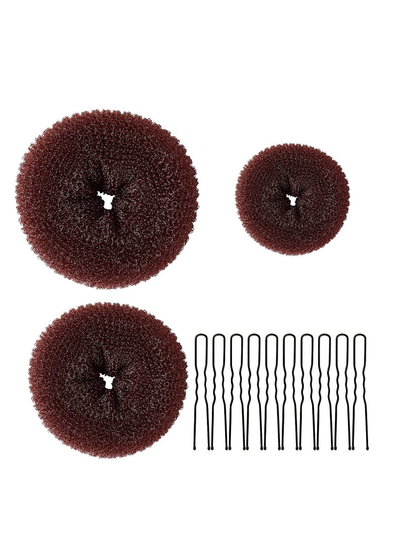 TsMADDTs Donut Hair Ring Style Set with Large Bobby Pins, Dark Brown - 3 Bun Makers & 20 Pins