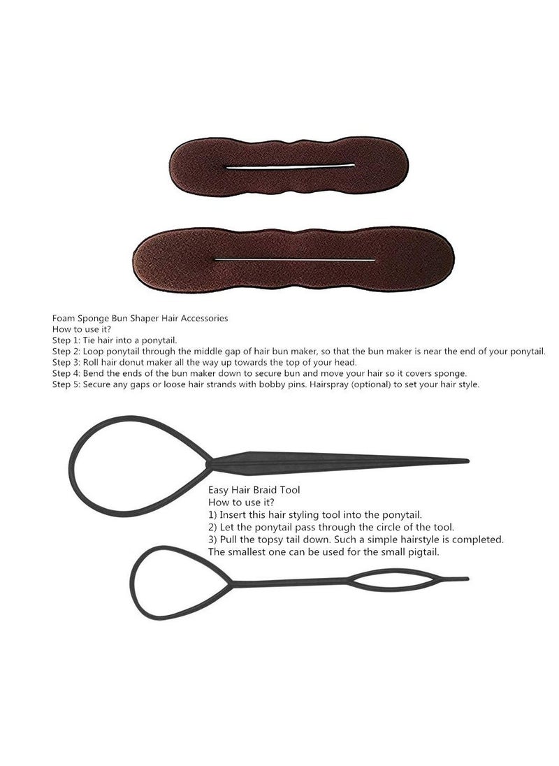 Hair Accessories Set - Foam Sponge Bun Shapers, Magic French Twist Clip, Snap Bun Makers, Elastic Bands, and Hair Pins (Brown)