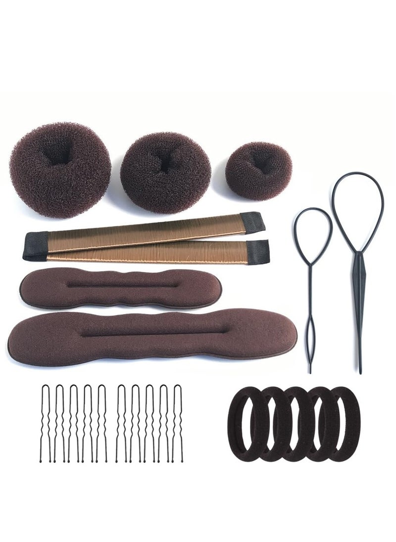 Hair Accessories Set - Foam Sponge Bun Shapers, Magic French Twist Clip, Snap Bun Makers, Elastic Bands, and Hair Pins (Brown)