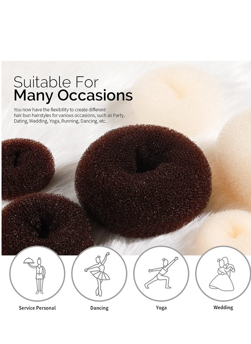 FANDAMEI Hair Donut Bun Makers Set - 4 Dark Brown & 4 Beige (2 Extra-Large, 2 Large, 2 Medium, 2 Small), 5 Elastic Bands, 20 Hair Pins