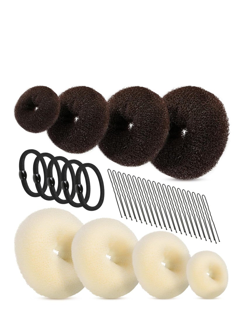 FANDAMEI Hair Donut Bun Makers Set - 4 Dark Brown & 4 Beige (2 Extra-Large, 2 Large, 2 Medium, 2 Small), 5 Elastic Bands, 20 Hair Pins