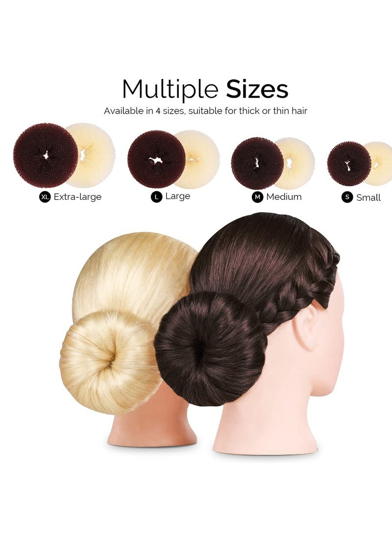 FANDAMEI Hair Donut Bun Makers Set - 4 Dark Brown & 4 Beige (2 Extra-Large, 2 Large, 2 Medium, 2 Small), 5 Elastic Bands, 20 Hair Pins