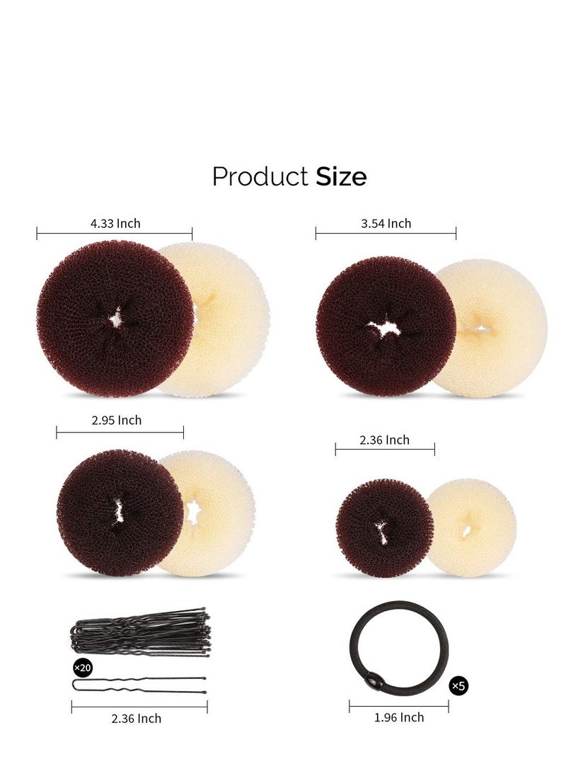 FANDAMEI Hair Donut Bun Makers Set - 4 Dark Brown & 4 Beige (2 Extra-Large, 2 Large, 2 Medium, 2 Small), 5 Elastic Bands, 20 Hair Pins