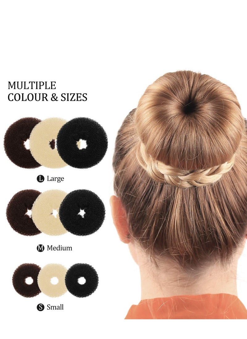 WILLBOND Hair bun maker set - 9 Pieces Donut Bun Maker in 3 Sizes, 12 Elastic Hair Bands, 32 Hair Pins (Black, Brown, Beige)