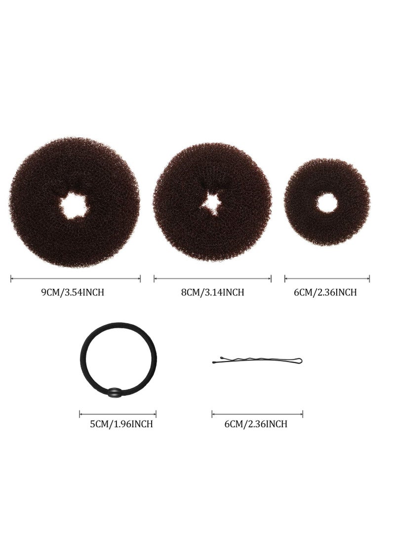 WILLBOND Hair bun maker set - 9 Pieces Donut Bun Maker in 3 Sizes, 12 Elastic Hair Bands, 32 Hair Pins (Black, Brown, Beige)