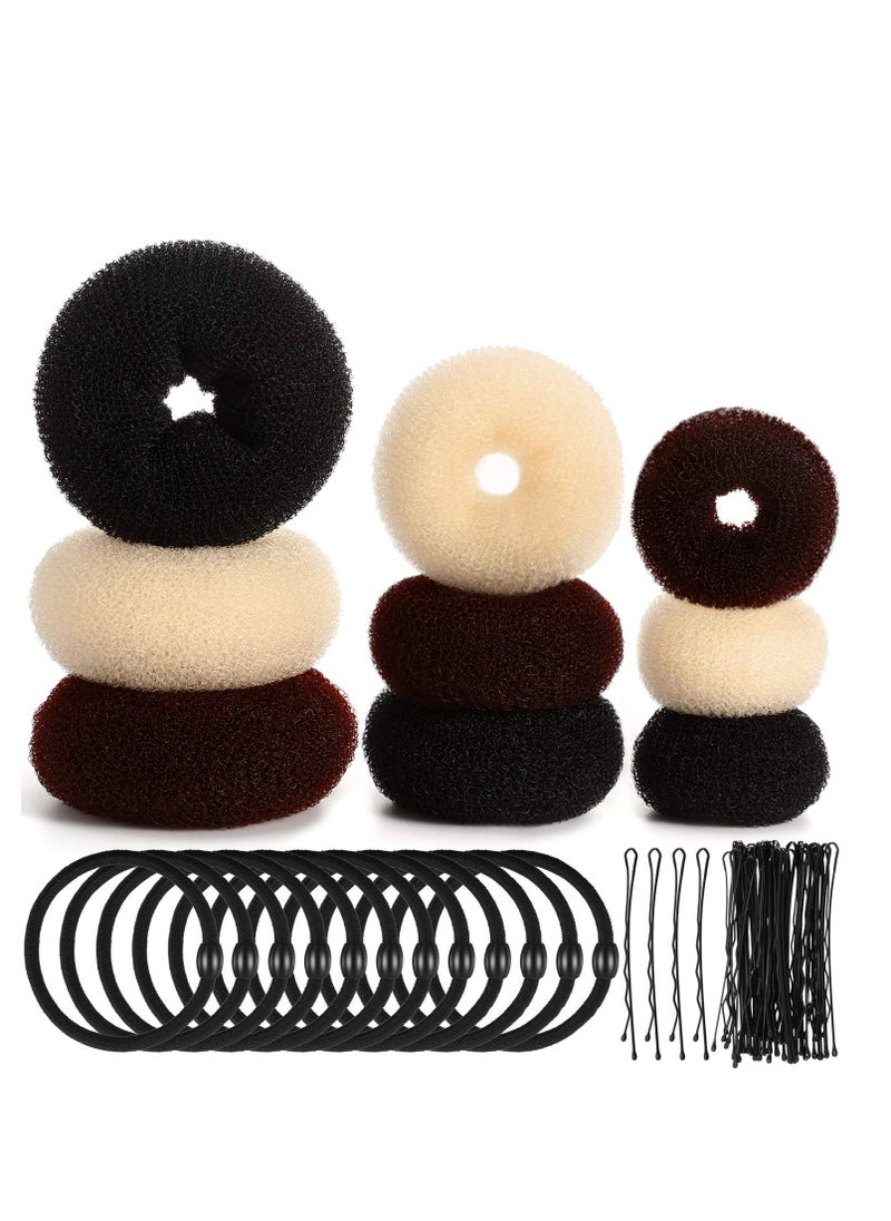 WILLBOND Hair bun maker set - 9 Pieces Donut Bun Maker in 3 Sizes, 12 Elastic Hair Bands, 32 Hair Pins (Black, Brown, Beige)