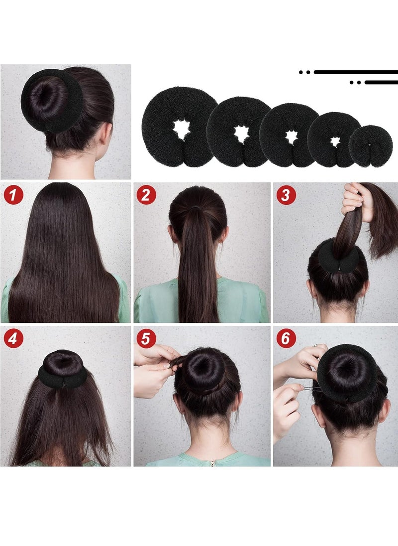34-Piece Hair Bun Styling Set - Includes Black Donut Bun Makers, Small & Large Sponge Foam Hair Sponges, Elastics, Pins for Versatile Hairstyles