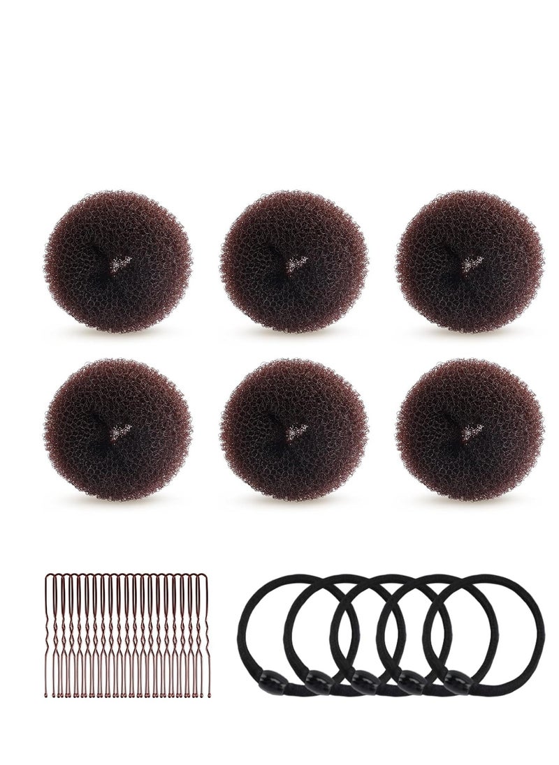 HOFASON Hair Bun Maker Donut 31 Pcs, 6 Pcs Small Hair Donuts for Buns, 5 Pcs Hair Elastic Bands, 20 Pcs Hair Pins, Hair Buns Pieces Ring Style Accessories for Kids Girls Short Thin hair Shaper (Brown)