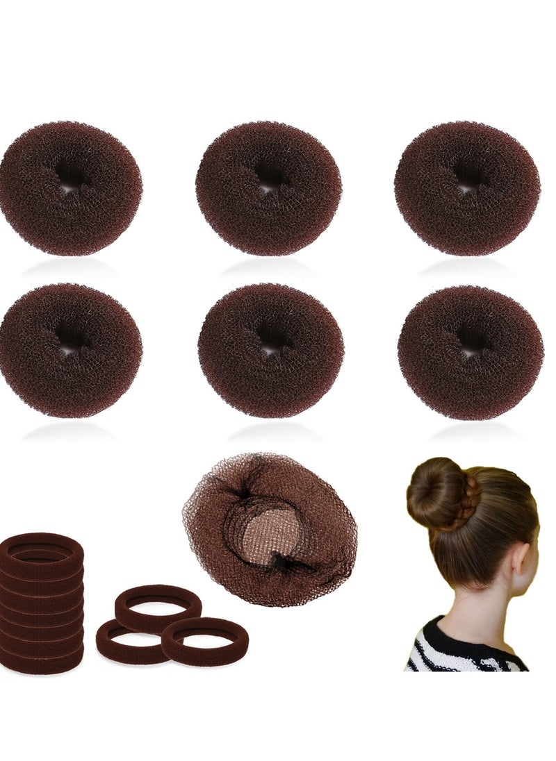 Small Hair Donut Shaper for Kids - 6 PCS Chignon Bun Maker for Girls, Mini Doughnut Form for Short and Thin Hair (5 Piece Invisible Nets, 10pcs Elastic Bands) Brown