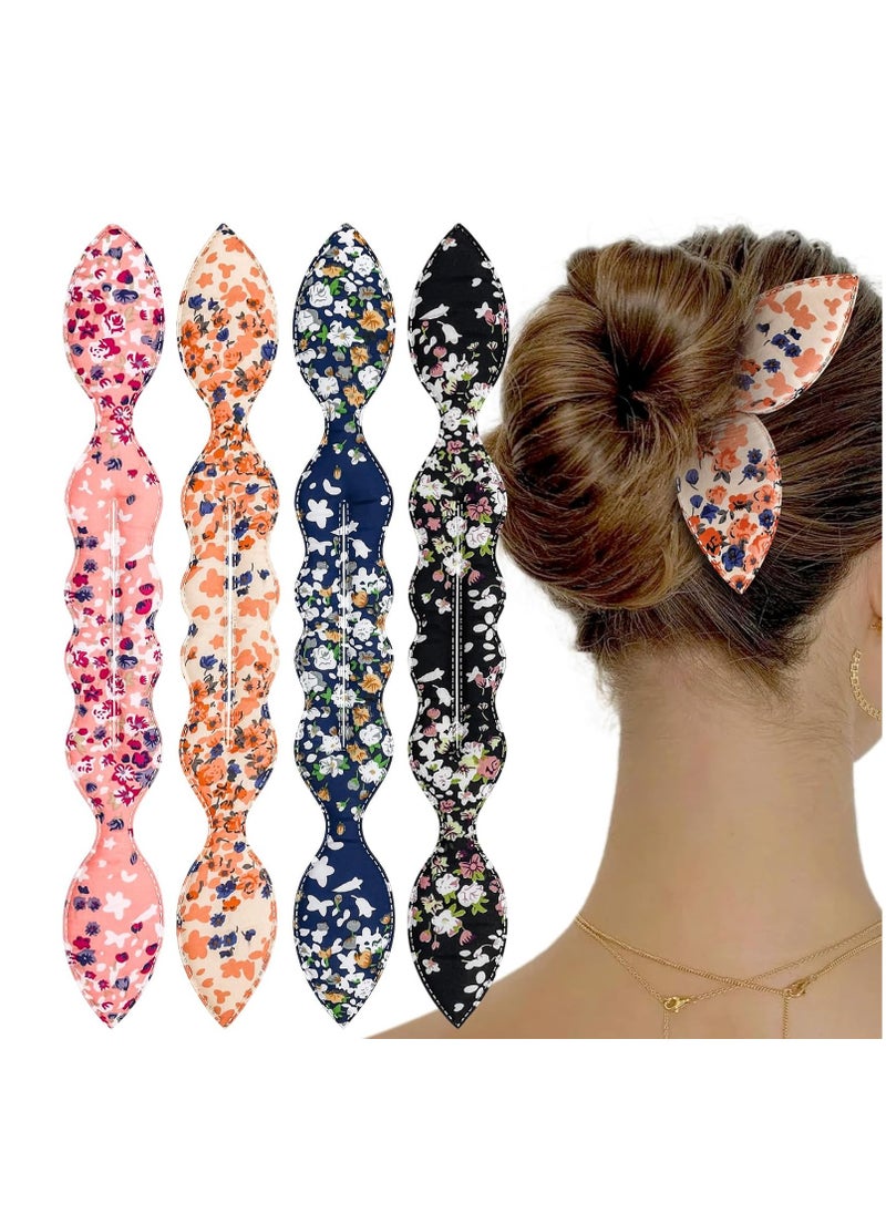 4 Pcs Deft Bun Maker French Twist Rabbit Ear Bun Twister Flower Flexible Quick Hair Styling Accessories for Women Girls