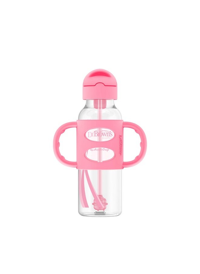 Milestones Narrow Sippy Straw Bottle, Spill-Proof With 100% Silicone Handles And Weighted Straw, 8 Oz/250 Ml, Gray & Pink, 6M+