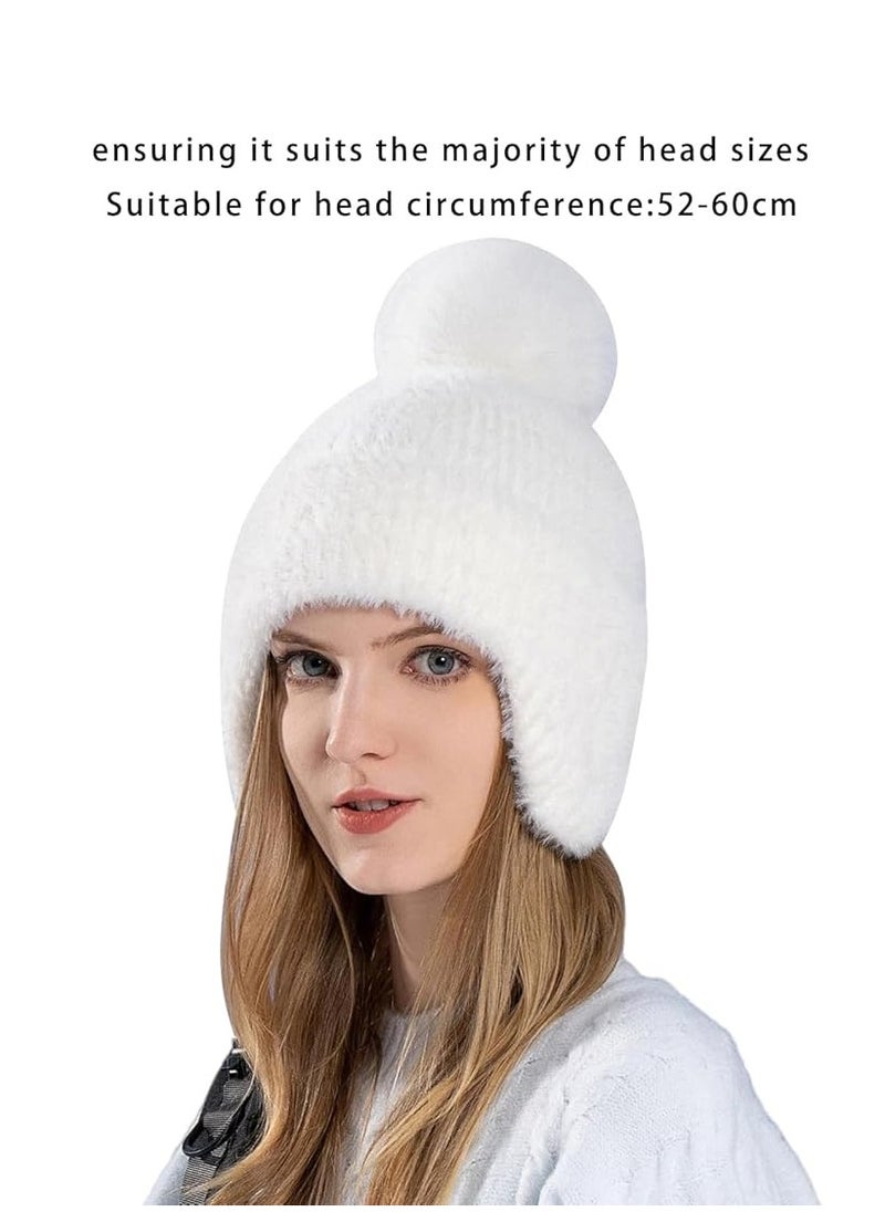 Women Warm Winter Hat, Ski Snow Hat, Beanie Hat, Ear Flaps Sherpa Ski Snow Hats, for Women Daily Ski Outdoor Sports Winter Gift (White)