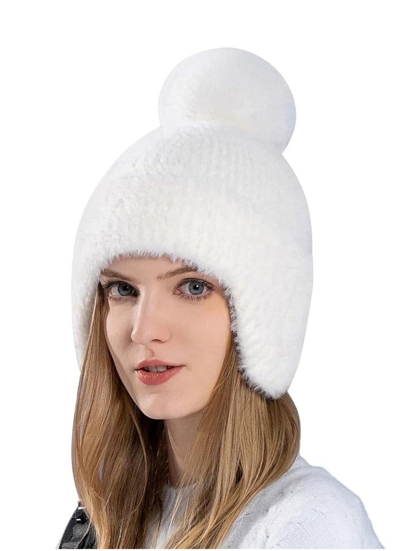 Women Warm Winter Hat, Ski Snow Hat, Beanie Hat, Ear Flaps Sherpa Ski Snow Hats, for Women Daily Ski Outdoor Sports Winter Gift (White)