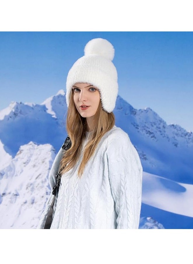 Women Warm Winter Hat, Ski Snow Hat, Beanie Hat, Ear Flaps Sherpa Ski Snow Hats, for Women Daily Ski Outdoor Sports Winter Gift (White)