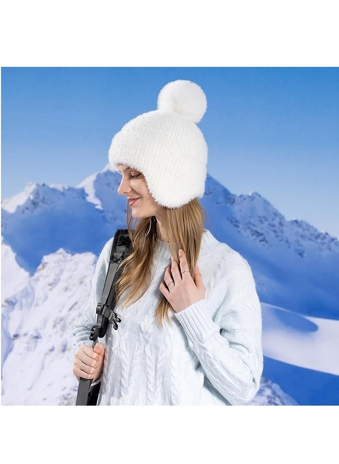 Women Warm Winter Hat, Ski Snow Hat, Beanie Hat, Ear Flaps Sherpa Ski Snow Hats, for Women Daily Ski Outdoor Sports Winter Gift (White)