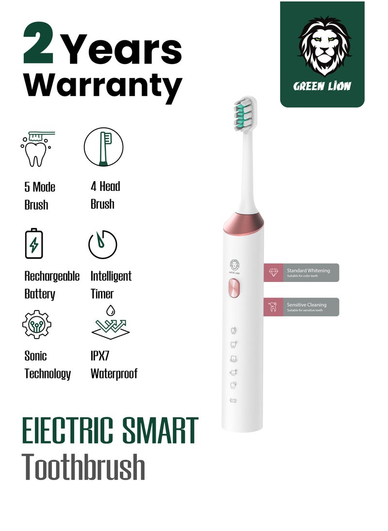 Electric Toothbrush with 5 Modes & 4 Brush Heads, Suitable For Sensitive & Color Teeth, Standard Whitening, Intelligent Timing, Slim Design, IPX7 Waterproof - white