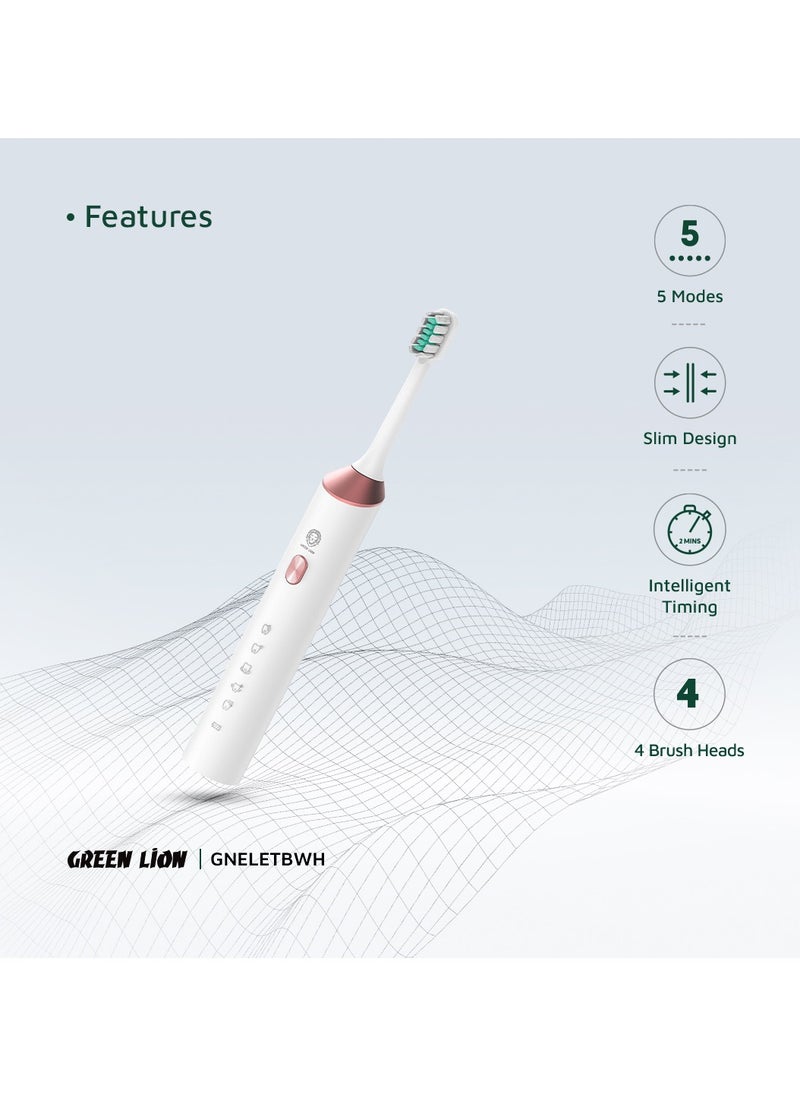 Electric Toothbrush with 5 Modes & 4 Brush Heads, Suitable For Sensitive & Color Teeth, Standard Whitening, Intelligent Timing, Slim Design, IPX7 Waterproof - white