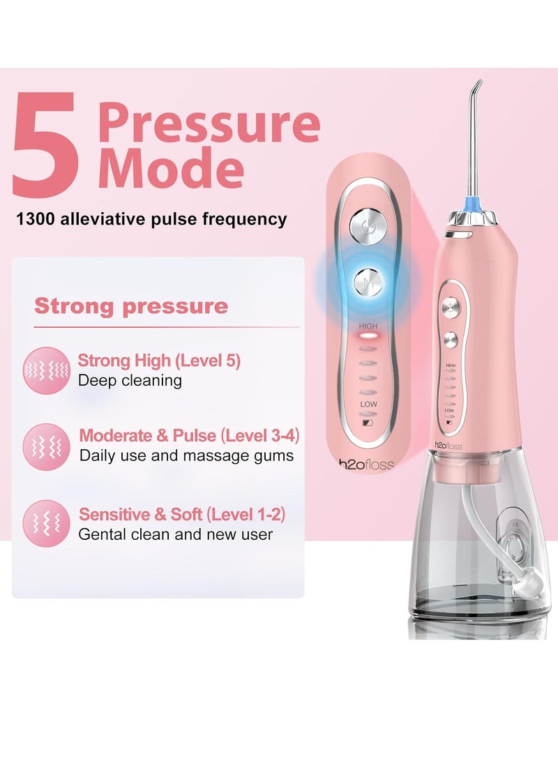 Water Dental Flosser Teeth Cleaner Pick, H2ofloss Cordless Portable Oral Irrigator,5 Mode IPX7 Waterproof Teeth Picks 300ML Rechargeable WaterFlosser for Home Travel (Pink)