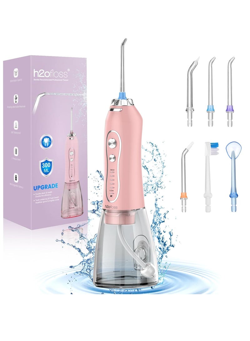 Water Dental Flosser Teeth Cleaner Pick, H2ofloss Cordless Portable Oral Irrigator,5 Mode IPX7 Waterproof Teeth Picks 300ML Rechargeable WaterFlosser for Home Travel (Pink)