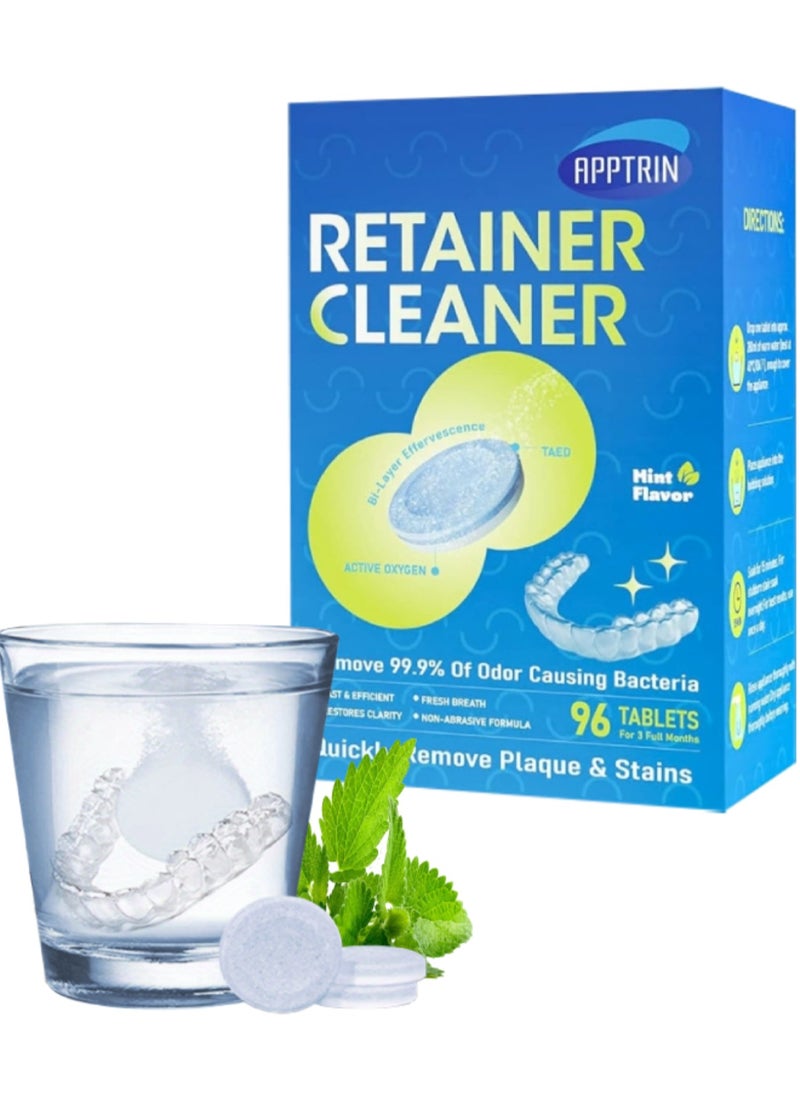 96 Pcs Retainer Cleaner Mouth Guard Retainer Cleaner Tablets Mint Flavor and Fresh Remove Oduor for Dental Appliances Fast and Efficient Remove Stains Denture Cleaning Tablets