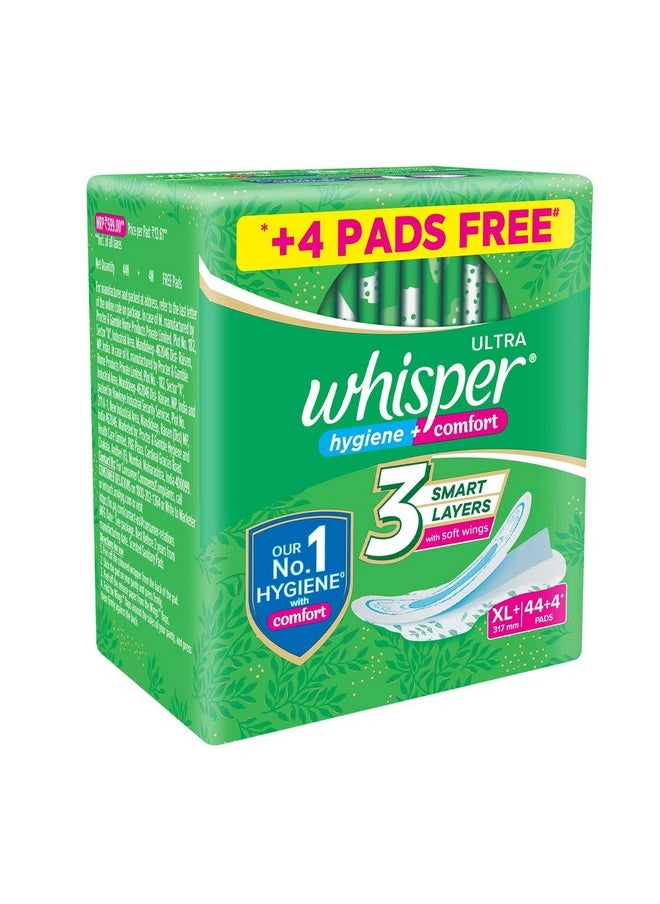 Ultra Hygiene+Comfort Sanitary Pads, 44+4 Xl+ Pads, For Heavy Flow, Long Lasting Protection, Locks Odour & Wetness, Dry Top Sheet, Disposable Wrapper