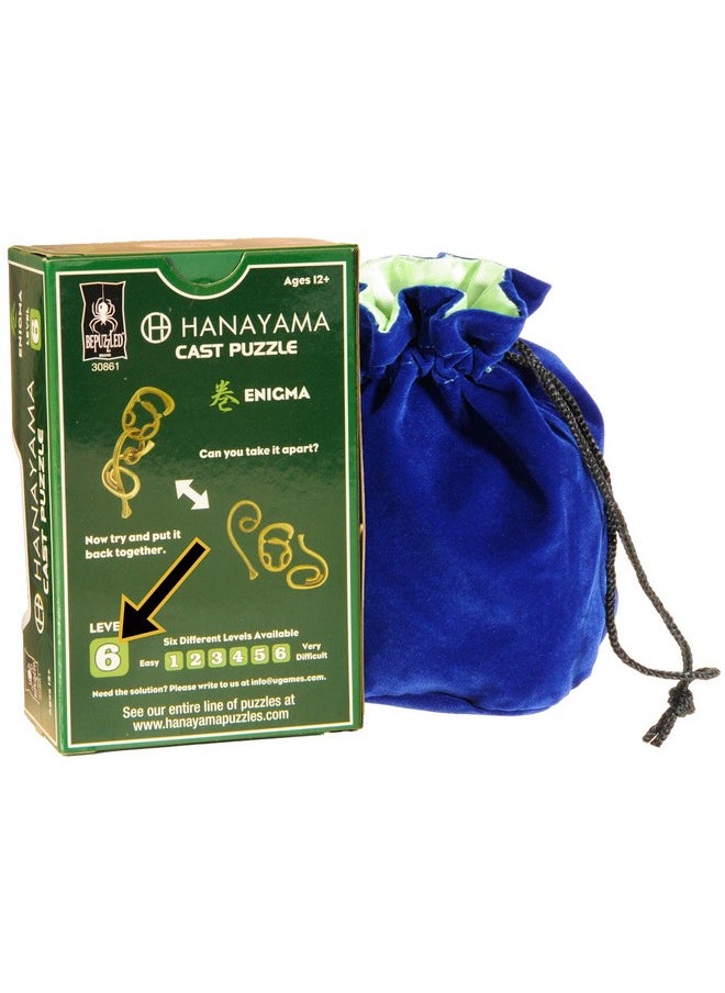 Enigma Hanayama Cast Metal Brain Teaser Puzzle, Level 6 Difficulty, With Blue Velveteen, Satin Lined Drawstring Pouch