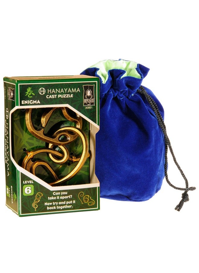 Enigma Hanayama Cast Metal Brain Teaser Puzzle, Level 6 Difficulty, With Blue Velveteen, Satin Lined Drawstring Pouch