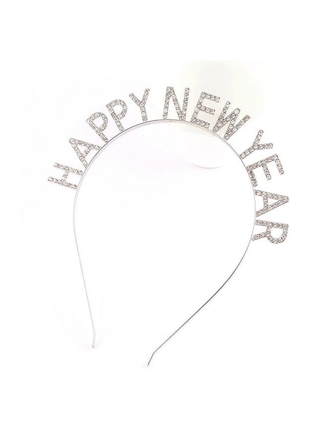 Happy New Year Headband Tiara Sparkly Rhinestones Happy New Year Hair Hoop Crystal Headpieces For New Year Eve Party Supplies Favors (Silver)