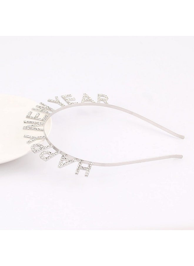 Happy New Year Headband Tiara Sparkly Rhinestones Happy New Year Hair Hoop Crystal Headpieces For New Year Eve Party Supplies Favors (Silver)