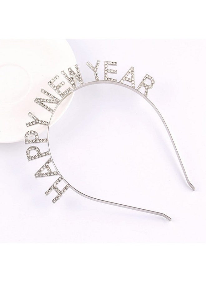 Happy New Year Headband Tiara Sparkly Rhinestones Happy New Year Hair Hoop Crystal Headpieces For New Year Eve Party Supplies Favors (Silver)
