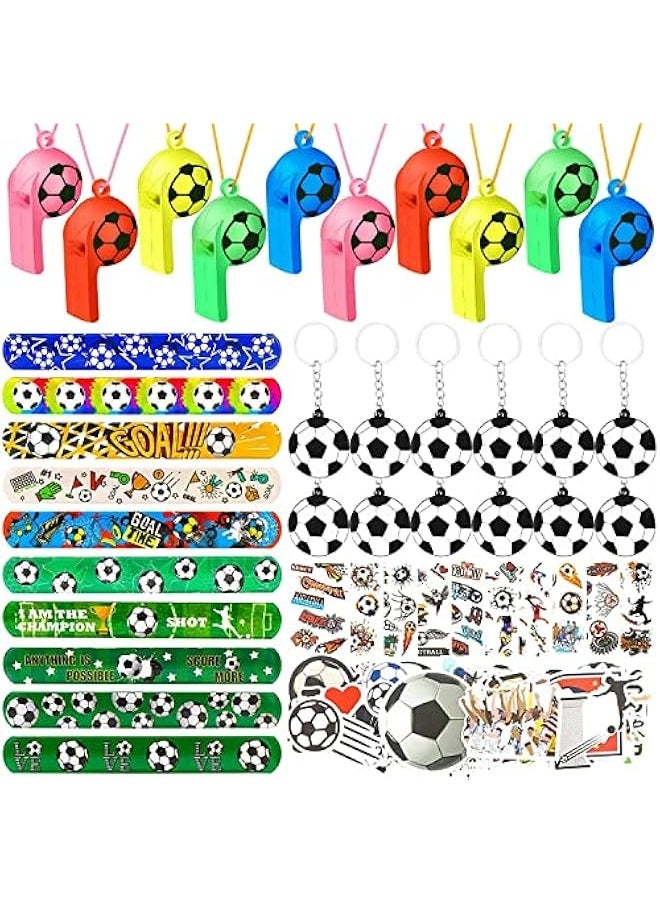 Soccer Party Favors Set 96Pcs Soccer Slap Bracelet Keychain Soccer Tattoos Soccer Toy Whistle Sports Party Favors for Kids Boys