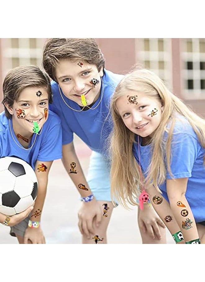 Soccer Party Favors Set 96Pcs Soccer Slap Bracelet Keychain Soccer Tattoos Soccer Toy Whistle Sports Party Favors for Kids Boys