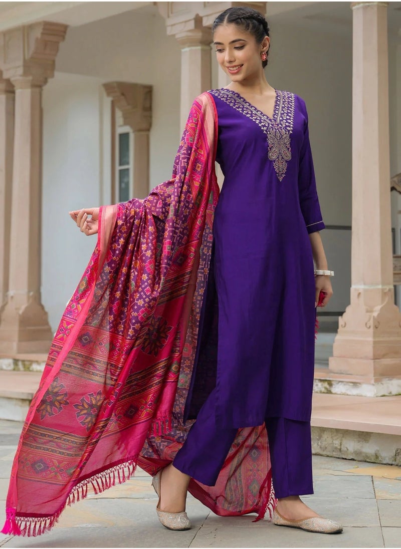 Straight Zari Embroidered Muslin Purple Fit Kurta and Pant with Patola printed Dupatta