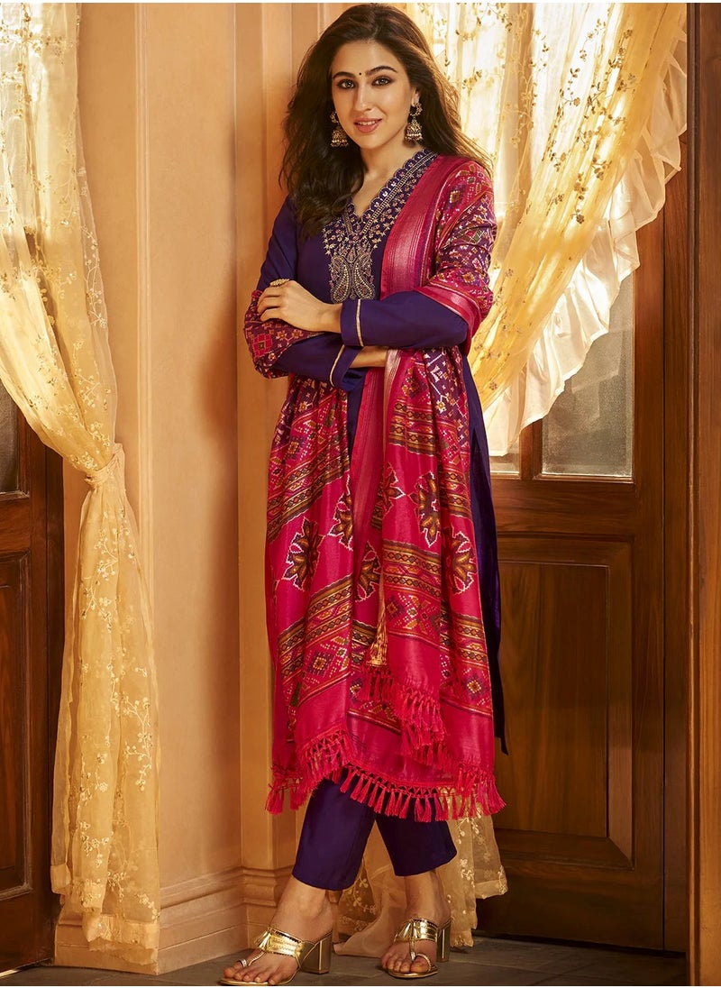 Straight Zari Embroidered Muslin Purple Fit Kurta and Pant with Patola printed Dupatta