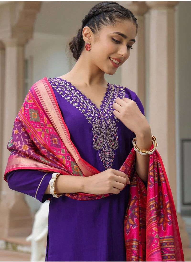 Straight Zari Embroidered Muslin Purple Fit Kurta and Pant with Patola printed Dupatta