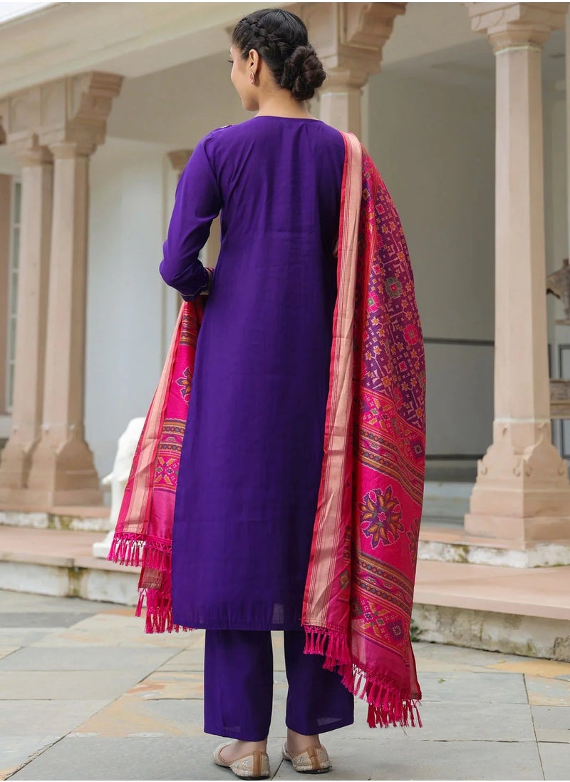 Straight Zari Embroidered Muslin Purple Fit Kurta and Pant with Patola printed Dupatta