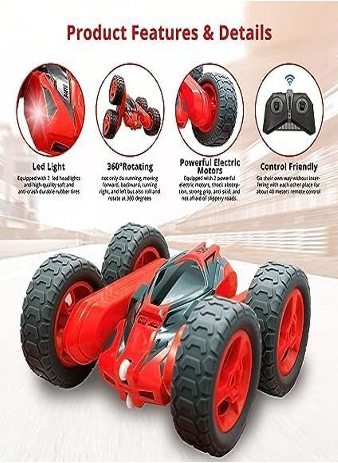 Remote Control Car USB Charge Double Sided 360°Rotating 4WD RC Cars with Headlights 2.4GHz Electric Race Stunt Toy Car Off-Road Stunt Car Rechargeable Toy Cars for Kids, 3+ Years (RED)