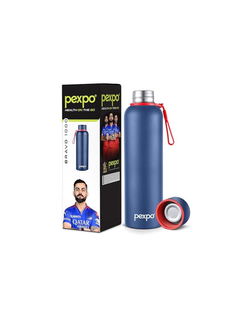 Pexpo Bravo Pro 1000ml Hot & Cold ISI Certified Flask- Denim Blue- Stainless Steel Water Bottle