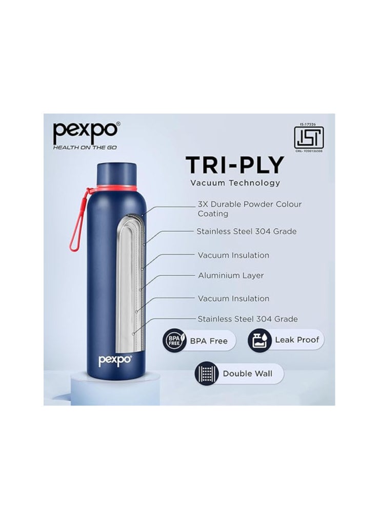 Pexpo Bravo Pro 1000ml Hot & Cold ISI Certified Flask- Denim Blue- Stainless Steel Water Bottle