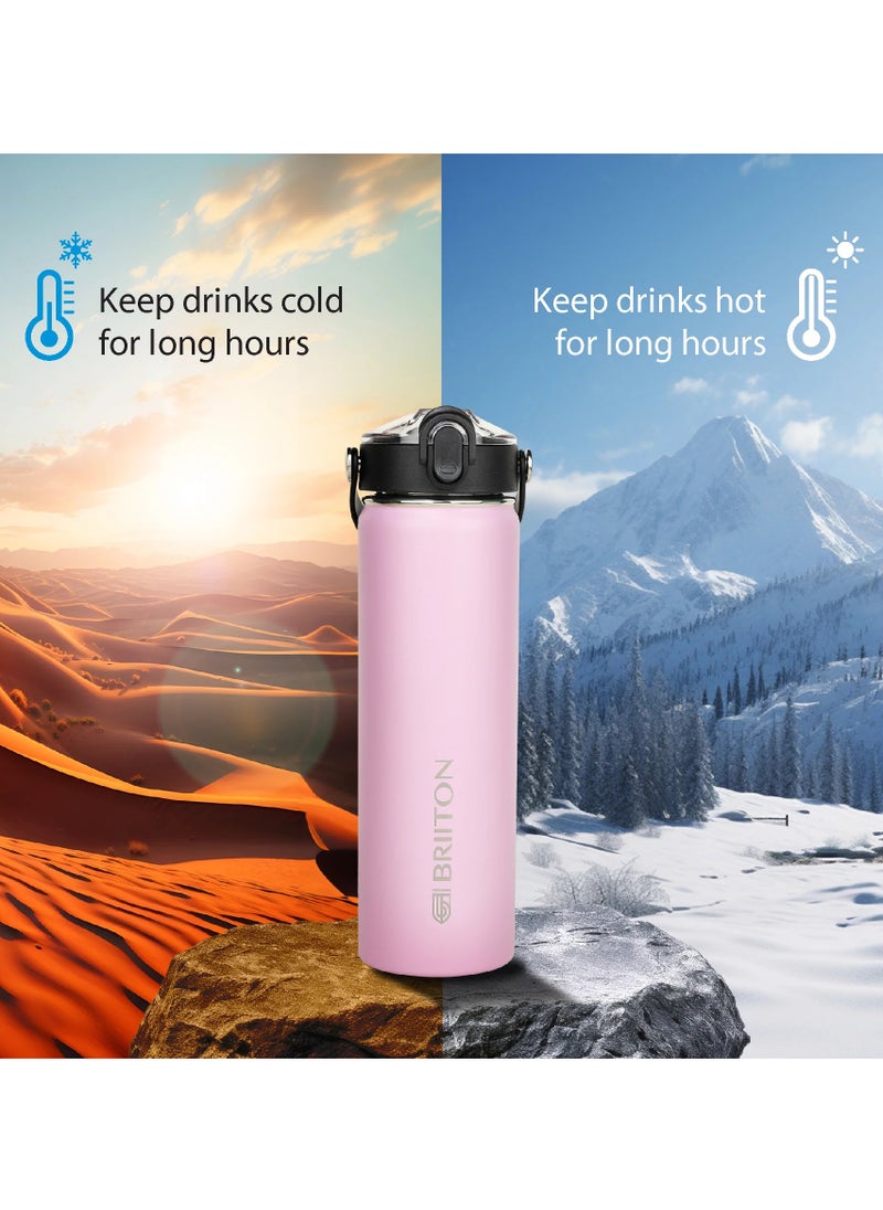 Nero 750ml Pink Stainless Steel Water Bottle |Copper Coated Vacuum Insulation|Food Grade Stainless Steel | Powder Coated | Secure Grip Leakproof Easy Pour Cap |Hot & Cold Thermos| Aqua Hydro