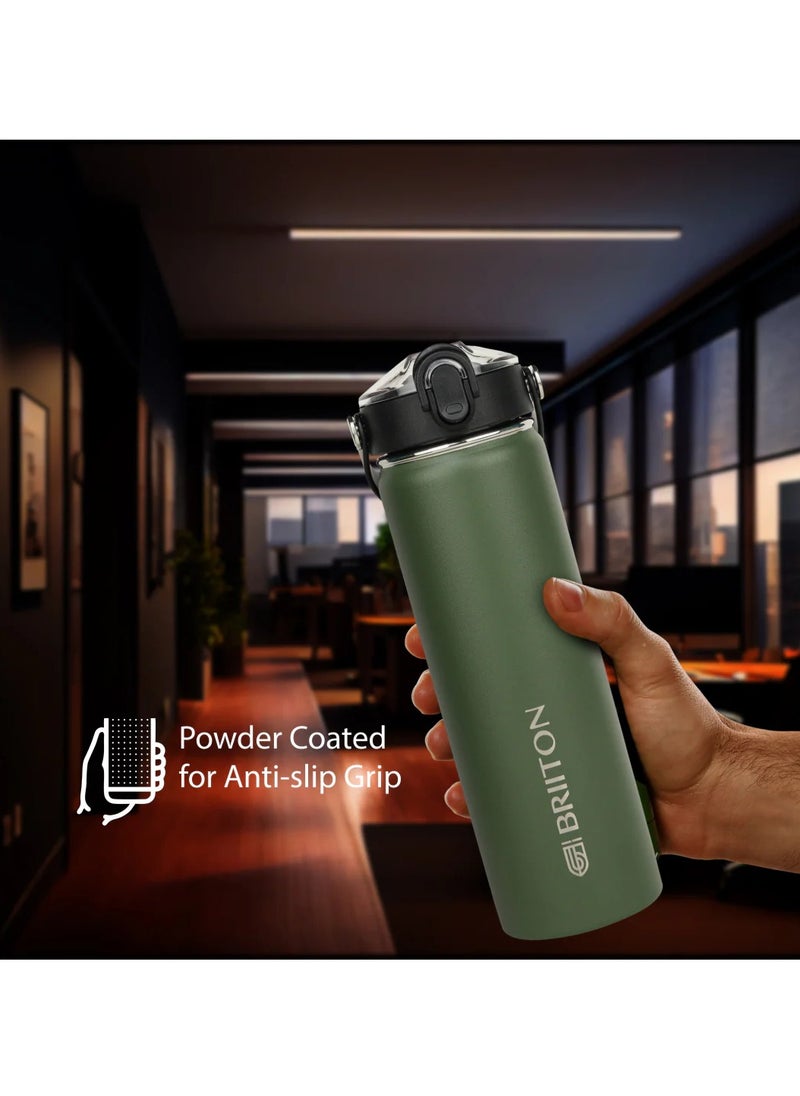 Nero 750ml Dark Green Stainless Steel Water Bottle |Copper Coated Vacuum Insulation|Food Grade Stainless Steel | Powder Coated | Secure Grip Leakproof Easy Pour Cap |Hot & Cold Thermos| Aqua Hydro