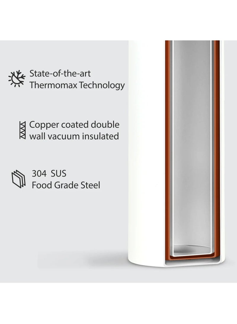 Nero 750ml White Stainless Steel Water Bottle |Copper Coated Vacuum Insulation|Food Grade Stainless Steel | Powder Coated | Secure Grip Leakproof Easy Pour Cap |Hot & Cold Thermos| Aqua Hydro