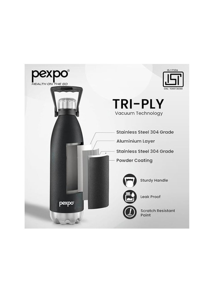 Pexpo Echo Pro ISI Certified |2000ml Knight Black Water Bottle for Office| Vacuum Insulated Flask with Handle|24 Hrs Hot & Cold