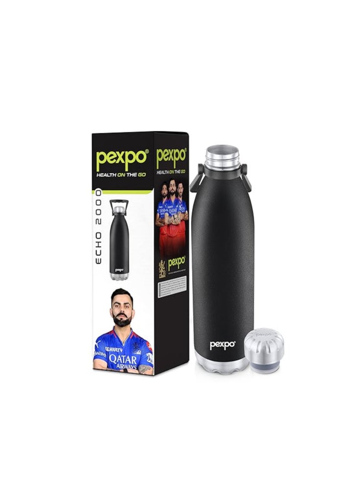 Pexpo Echo Pro ISI Certified |2000ml Knight Black Water Bottle for Office| Vacuum Insulated Flask with Handle|24 Hrs Hot & Cold