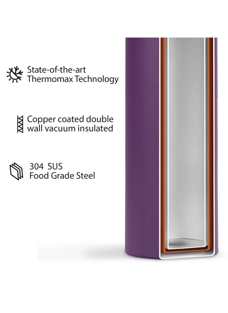 Nero S 750ml Purple Stainless Steel Water Bottle | Copper Coated Vacuum Insulation | Powder Coated | Secure Grip | Leakproof Easy Pour Cap | Hot & Cold Thermos | Aqua Hydro