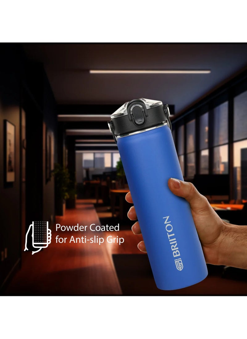 Nero 750ml Blue Stainless Steel Water Bottle |Copper Coated Vacuum Insulation|Food Grade Stainless Steel | Powder Coated | Secure Grip Leakproof Easy Pour Cap |Hot & Cold Thermos| Aqua Hydro