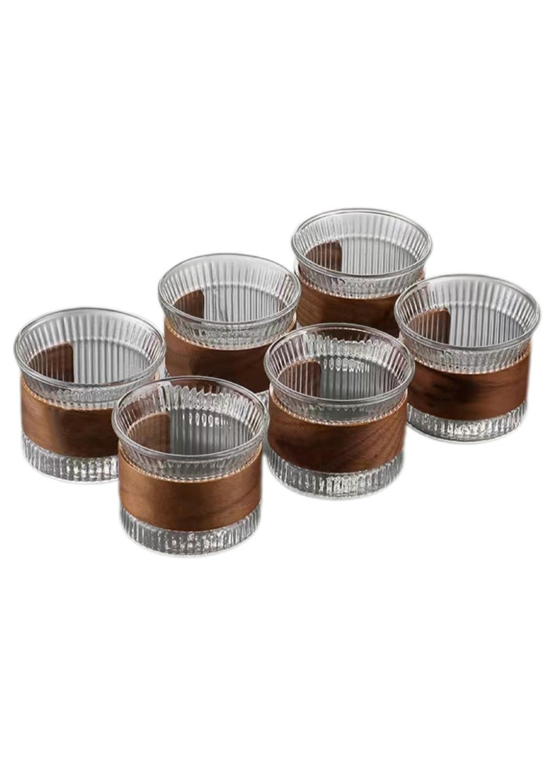 6Pcs Vertical Wood Ring Insulated Coffee Cup, Glass Water Mug, Wide Mouth Reusable Cups, Glass Teacups,Suitable for Latte Cappuccino, Tea Mugs, Milk,Hot and Cold Drinks.