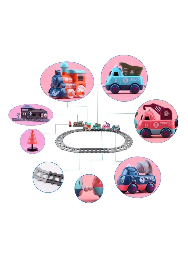 Children's Train Track Set - Makaron-Colored Train Toy Set with Locomotive, Engineering Cars, and Accessories 3 + Track Toy Set